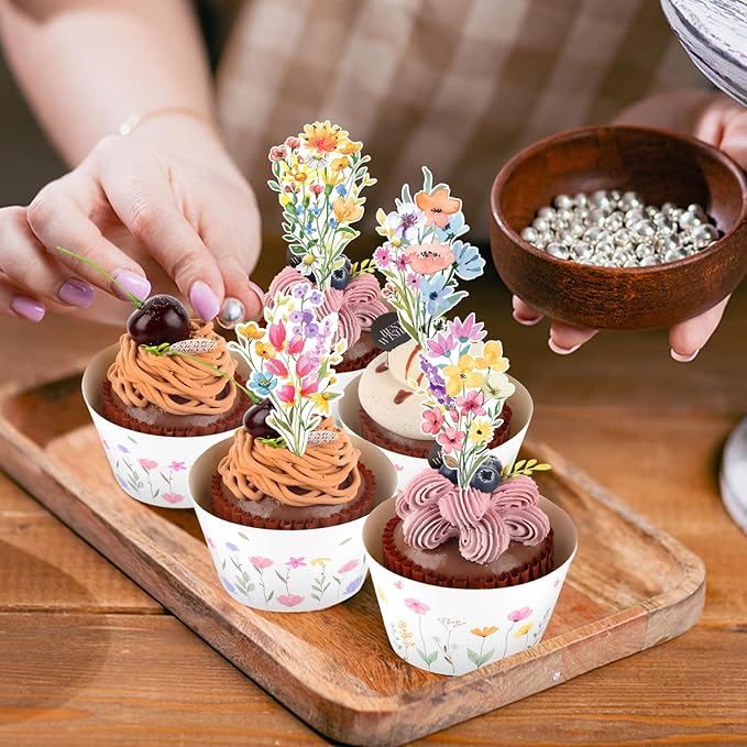 48 Pack Summer Wildflower Cupcake Toppers and Wrappers, Flower Birthday Cake Decoration for Wildflower Theme Birthday Party Baby Shower Party Supplies