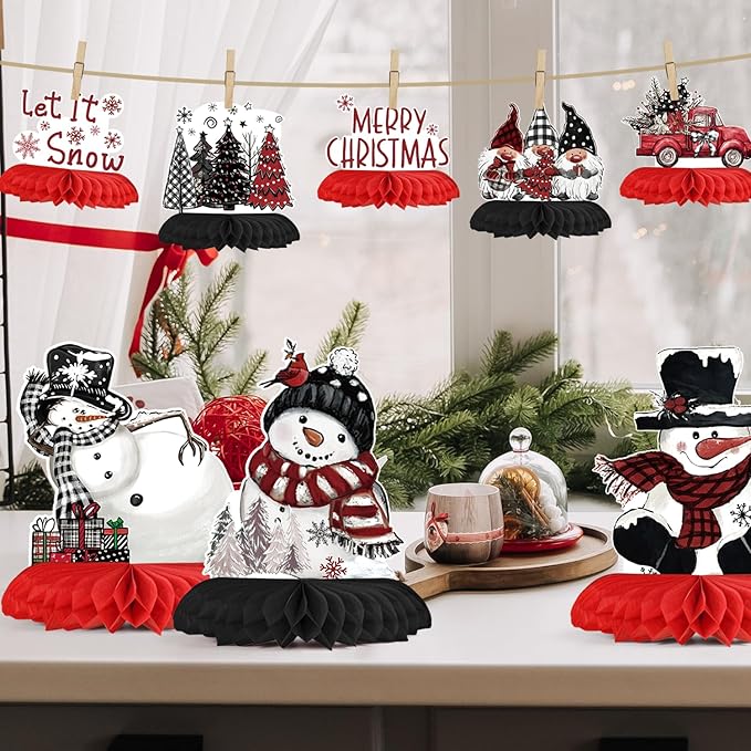 Horaldaily 9PCS Christmas Party Table Decoration Centerpieces, Merry Christmas Snowman Gnome Truck Honeycomb Centerpieces Table Toppers for Christmas Themed Birthday Party