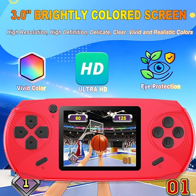 16 Bit Handheld Games for Kids Adults 3.0'' Large Screen Preloaded 220 HD Classic Retro Video Games USB Rechargeable Seniors Electronic Game Player Birthday Xmas Present (Red)