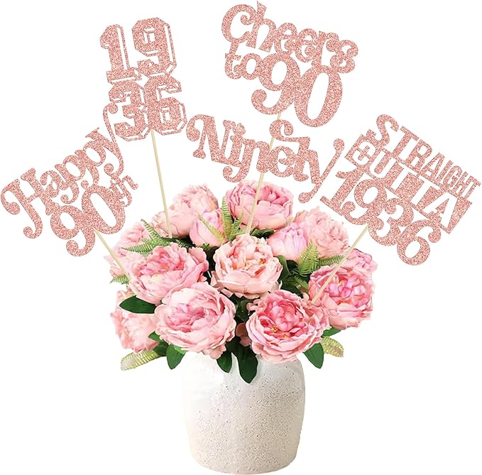 Gyufise 15Pcs Happy 90th Birthday Centerpiece Sticks Ninety Straight Outta 1936 Table Flower Centerpieces Sticks Cheers to 90 Decorations for 90th Birthday Party Supplies Rose Gold