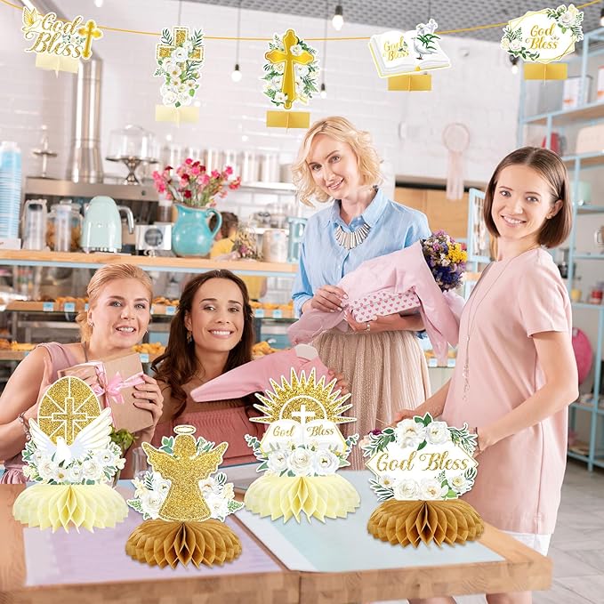 party greeting 14Pcs White Gold Floral Decoration Honeycomb Centerpieces God Baptism Decoration God Bless Centerpieces for Table Decoration First Communion Party Supply Centerpieces Double Side Table