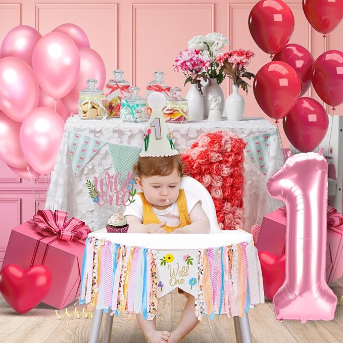 Wild Flower High Chair Banner for First Birthday Party Decoration Pink Floral Wild One High Chair Tassel Garland Banner for Girls Baby Shower Wildflower 1st Birthday Backdrop Decors Party Supplies