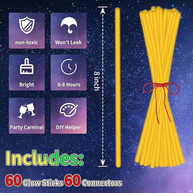 60 Pack 8” Orange Glow Sticks Bulk with 60 Connectors Neon Glow In The Dark Party favors Supplies for Holiday Birthday Party Decoration (Orange)