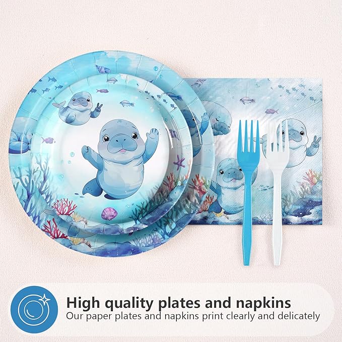 96Pcs Manatee Birthday Decorations Blue Under the Sea Plates and Napkins Ocean Animal Theme Decorations Favors for Kids Sea Ocean Marine Creature Birthday Baby Shower Party Supplies Serves 24