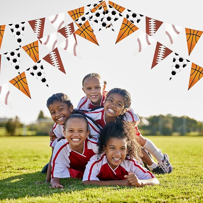 HESTYA 5 Pcs 49 Ft Sport Party Decorations Football Pennant Banner Pre-Assembled Basketball Triangle Flag Bunting Garland for Baseball Soccer Birthday Party Supplies Sport Theme Decorations