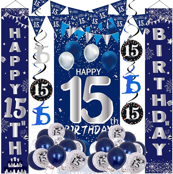 15th Birthday Decorations for Boys Girls, Navy Blue Happy 15th Birthday Door Banner Sign, 15 Years Old Party Supplies Teenagers Bday Backdrop Balloons Hanging Decors