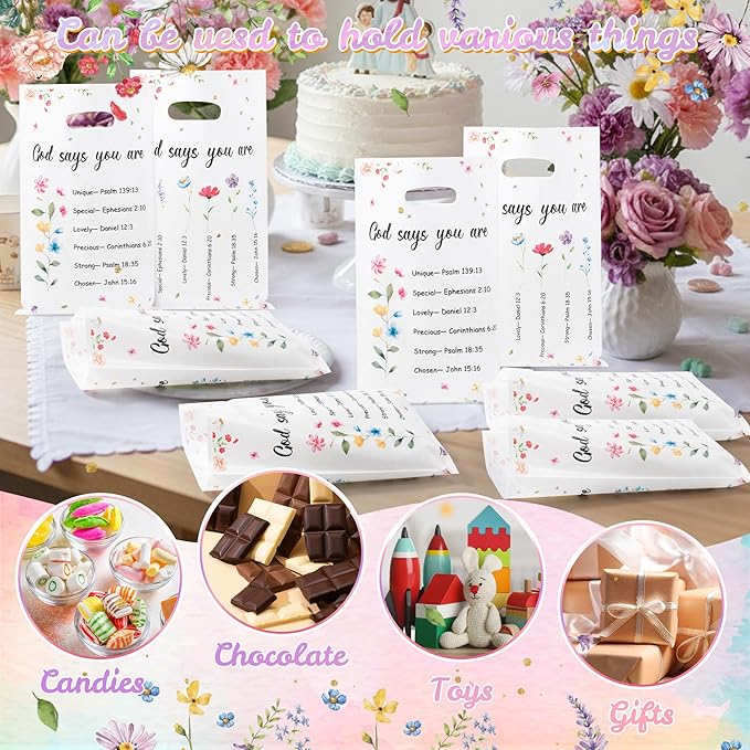 Christian Floral Party Favor Bag - 50Pcs Religious Inspirational Bible Verse Floral Goodie Treat Candy Plastic Gift Bags Christian Religious Faith Flower Party Decor for Baptism Church Spring Party