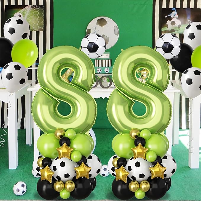 Green Number 8 Balloon Soccer 40 Inch Number Eight Foil Balloons Tower Set for Boys 8th Birthday Party Decorations Giant Large Digital Aluminum Balloons Stack for Football Lover World Sports Game