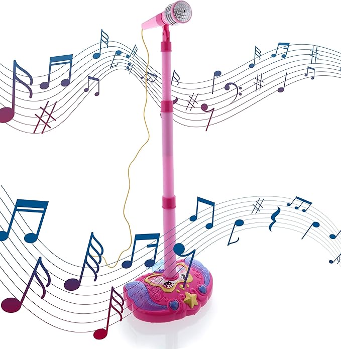Mozlly Super Star Kids Karaoke Machine with Microphone Stand Playset - Pink Microphone with Stand with Built-in Jack and Speaker for MP3 Player, Singing Toys for Girls and Boys with Music and Light