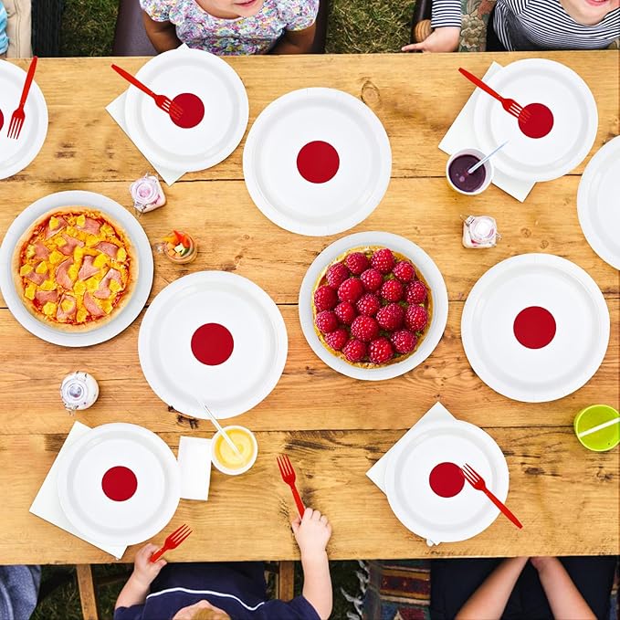 96Pcs Japan Flag Party Decorations Hibachi Asian Japanese Style Plates and Napkins Hinomaru Flag Tableware Set for Japan Themed Party Supplies，Serves 24