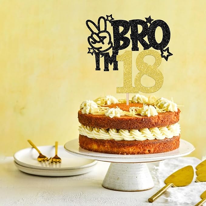 1 PCS Brother I'm 18 Cake Topper Glitter Star Happy 18th Birthday Cake Pick Bro I'm 18 Cake Decoration It's My 18th Birthday Decorations for Boys Cheers to 18 Years Old Birthday Party Supplies Gold