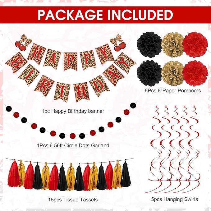 Red and Black Cheetah Birthday Party Decorations, Black Red Cherry Leopard Print Balloons Happy Birthday Banner Fringe Curtain Hanging Swirls Circle Dots Tassels Pompoms for Women Girls Party Supplies