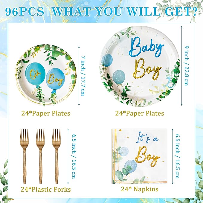 96Pcs It's a Boy Greenery Baby Shower Party Plates Supplies - Sage Green Watercolor Blue Balloon Party Tableware Decorations Disposable Paper Plates Napkins Fork for Birthday, Serves 24 Guests