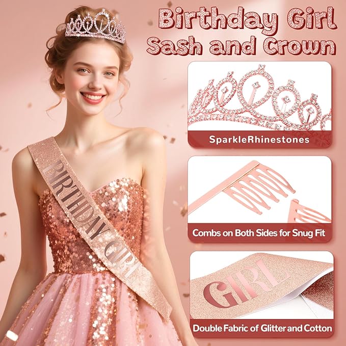 Rose Gold Birthday Decorations, 44Pcs Black & Rose Gold Birthdays Decorations for Women Include Birthday Girl Sash Crown Fringe Curtain & Foil Balloons for Women Girls Party Supplies