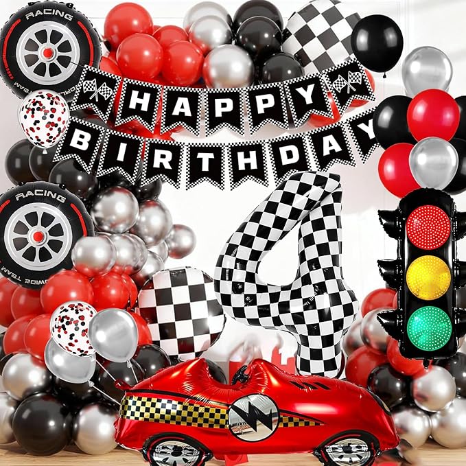 Race Car Birthday Party Decorations, with 40 Inch Number 4 Balloon, Happy Birthday Banner, Race Car, Traffic Light and Foil Tire Balloon for 4th Themed Birthday Party Supplies