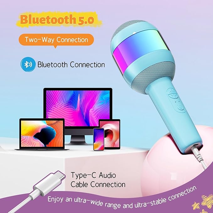 Karaoke Machine for Kids Adults, Portable Bluetooth Microphone Song Toys with LED Light, Best Chritmas Birthday Festival Party Gift for 3 4 5 6 7 8 9 10 11 12+ Year Old Girls Boys (Blue)