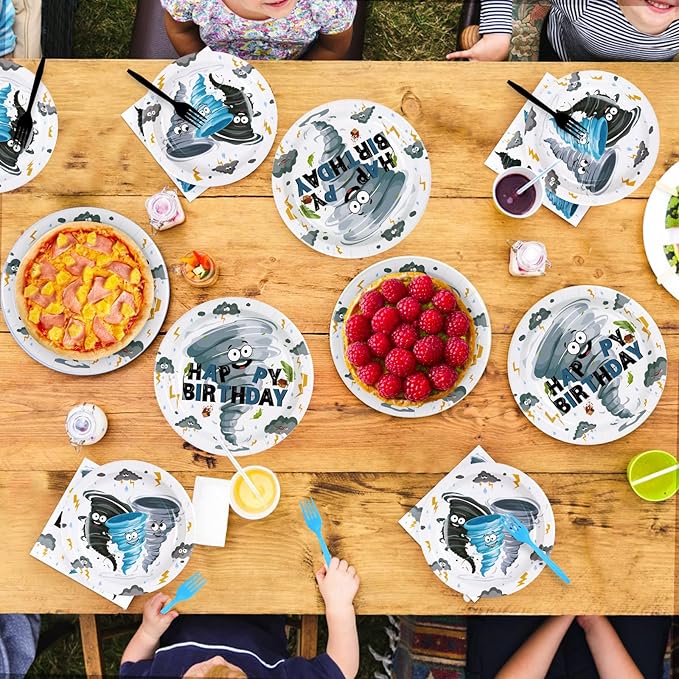 Grencian 96Pcs Tornado Birthday Party Decorations Blue Grey Tornado Birthday Plates and Napkins Disposable Paper Tableware for Boys Girls Kids Baby Shower Party Supplies, Serves 24