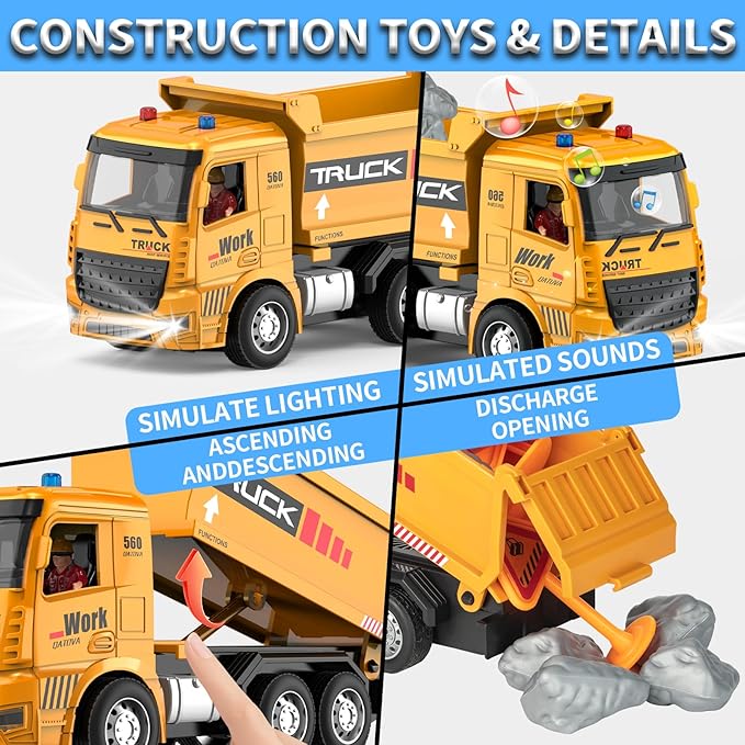 Remote Control Excavator and Dump Truck Toy Set - RC Construction Vehicles Toy with Barricades, Road Signs, Simulated Rocks, Lights and Sounds, Present for Toddlers 3-12 Year Boys Girls