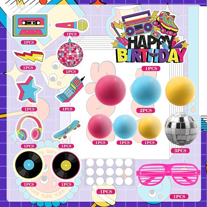Hooqict 26 PCS 80s Cake Decorations 80s 90s Cake Toppers Retro 1980s Hip Hop Cake Decorations with Glitter Balls Cupcake Toppers for Neon Throwback Birthday Party Supplies