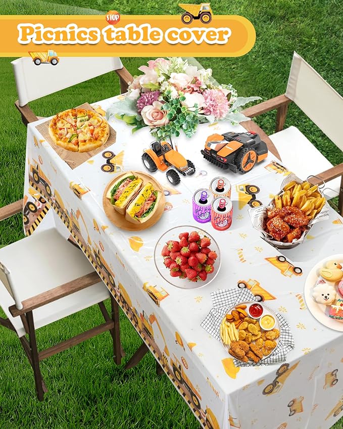 3PCS Construction Plastic Birthday Party Tablecloths,Dump Truck Themed Table Cover for Kids Boy Construction Birthday Party Supplies Tables Decorations, 54 x 108inch