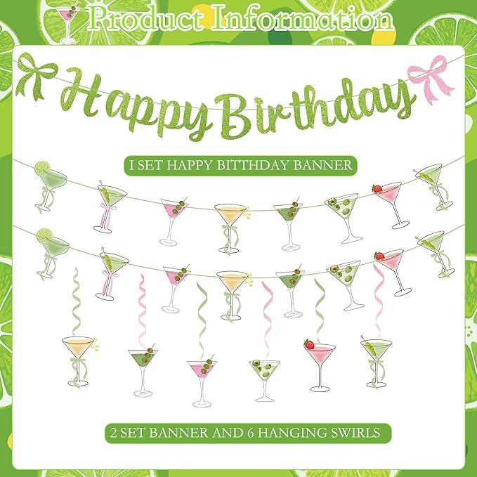 Martini Cocktail Cups Themed Party Decorations - 1pcs Glitter Green Happy Birthday Banner, 2pcs Martini Cocktail Cups Theme Banner Bunting Garlands, 6pcs Martini Themed Hanging Swirls(6 styles)