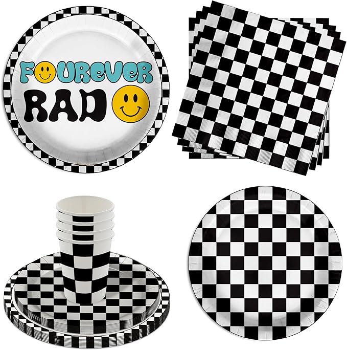 Fourever Rad Smiley Face 4th Birthday Party Supplies - 64 Piece Boys Fourth Birthday Tableware Set Includes Large 9" Dinner Plates and 8" Dessert Paper Plates Napkins Cups - Kit for 16