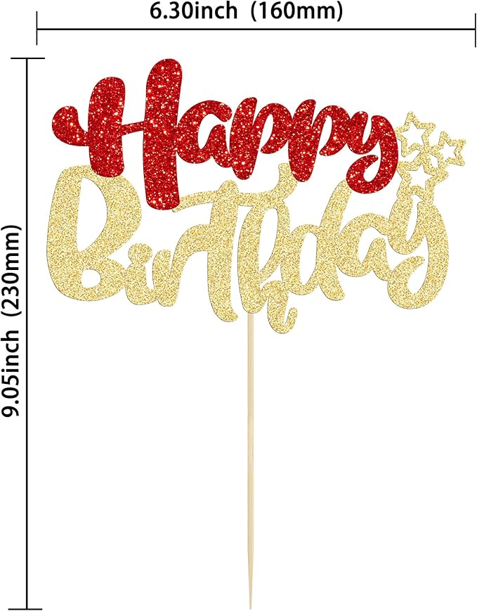 Ephlyn 1Pcs Happy Birthday Cake Topper Glitter Happy Birthday Cake Pick for Christmas Theme Baby Shower Anniversary Party Decorations Supplies Red Gold