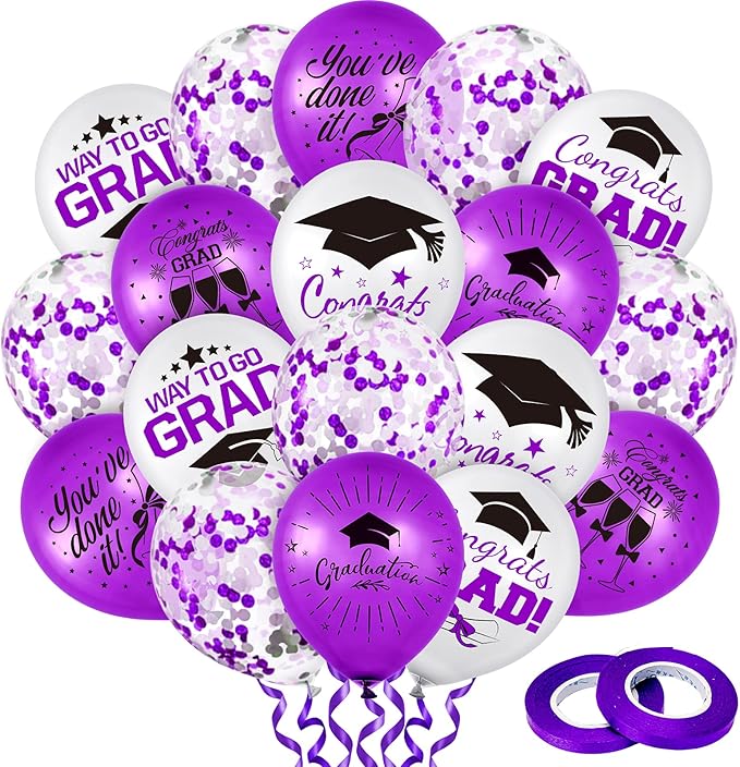 Whaline 60Pcs Graduation Party Balloon Set 7 Designs Confetti Latex Balloon with 2 Rolls Purple Ribbon Grad Cap Congrats Grad Balloon for Graduation Party Decoration Supplies (Purple, White)