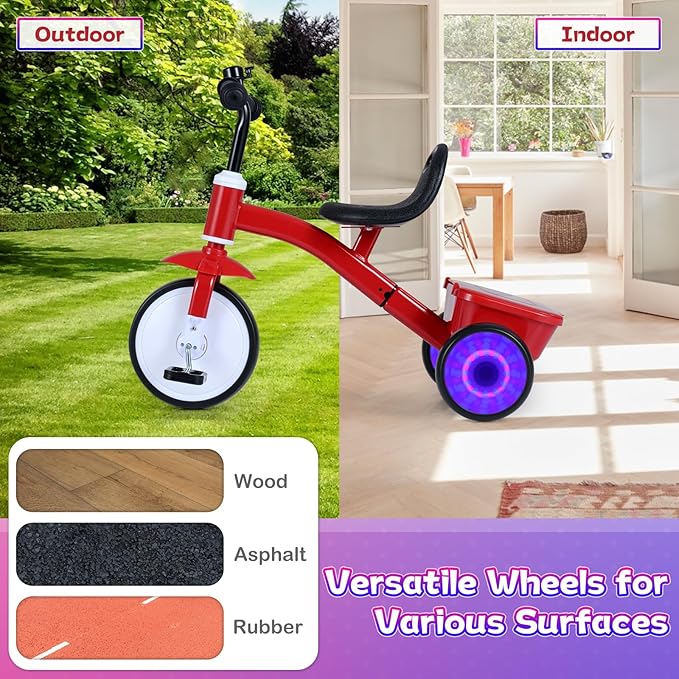 BABY JOY Toddler Tricycle, Kids Trike with Glowing Rear Wheels, Adjustable Seat, Detachable Pedals & Storage Box for Boys and Girls Indoor Outdoor Riding, Baby Balance Bike for 3-5 Years Old (Red)