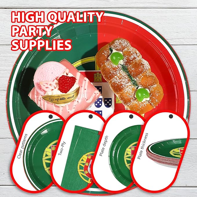 96Pcs Portugal Flag Party Supplies Portuguese Flag Plates and Napkins National Country Decoration Portugal Theme Red and Green Tableware Set for Patriotic Festival Party Supplies，Serves 24