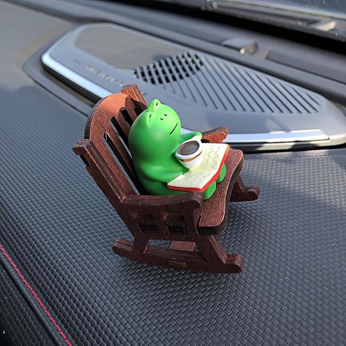Cute Coffee Frogs on Rocking Chair Statues Collectibles Figurines Ornaments for Car Dashboard Decorations Accessories Interior Dash Board Charms Birthday Cake Toppers Decoration Decor