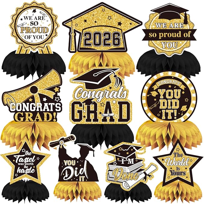 10 PCS Graduation Party Decorations Class of 2026,Gold and Black Congrats Grad Honeycomb Centerpiece for Table Congratulate Graduation Table Toppers for Graduation Party Favor Supplies