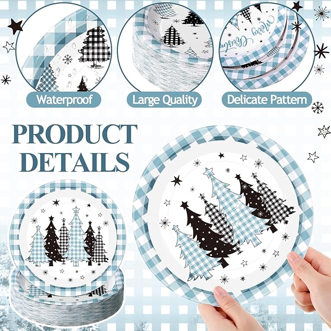 60 Pcs Blue Christmas Paper Plates 9 Inch Xmas Buffalo Plaid Gingham Tree Snowflake Disposable Plates Merry Christmas Tree Themed Tableware for Holiday Xmas Winter Party Decorations Supplies