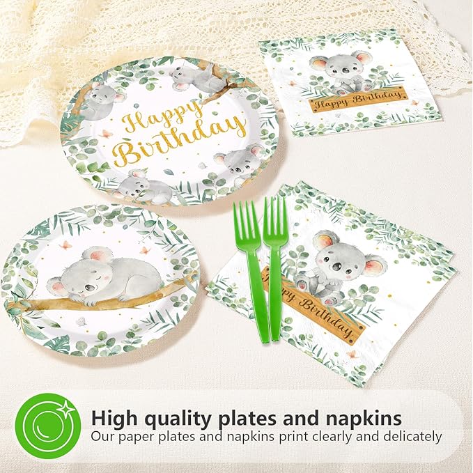 96Pcs Koala Birthday Party Decorations Koala Birthday Plates and Napkins Sets Safari Jungle Animal Australian Decorations for Baby Shower Birthday Zoo Junlge Animal Party Supplies Serves 24