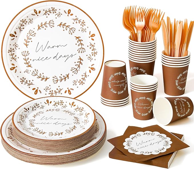 144Pcs Boho Birthday Party Supplies Decorations Brown Flower Paper Plates Napkins Vintage Party Tableware Disposable Dinnerware Set for Birthday Baby Shower Table Decor, Serve 24