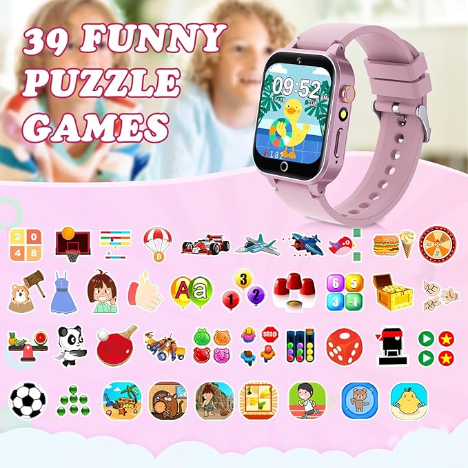 Kids Smart Watch with Camera, Video, Music Player, Alarm Clock, Stopwatch, Calendar, Pedometer, 1.54'' HD Touchscreen, Shockproof, IP68 Waterproof for Girls Boys 6-12 Years Old (Pink)