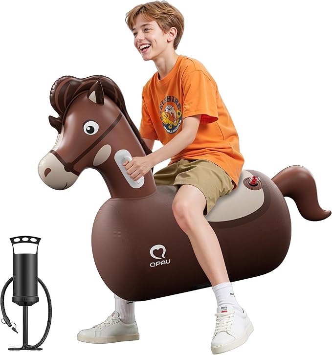 QPAU Infatable Bouncy Horse Toys with Hand Pump, Heavy Duty Giant Bouncy Pal, 220lbs Load Capacity, Ride On Bouncy Animal Hopper Toy, Indoor Outdoor Bouncers for Kids Girls Boys Ages 5+