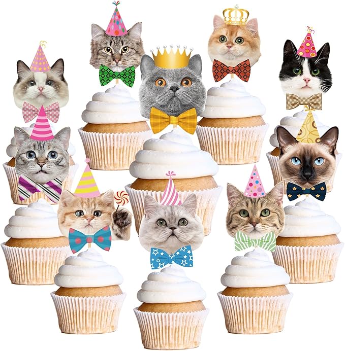 Cat Birthday Party Decorations - 40PCS Cute Cats Face Cupcake Toppers Decor Supplies for Pet Birthday Baby Shower