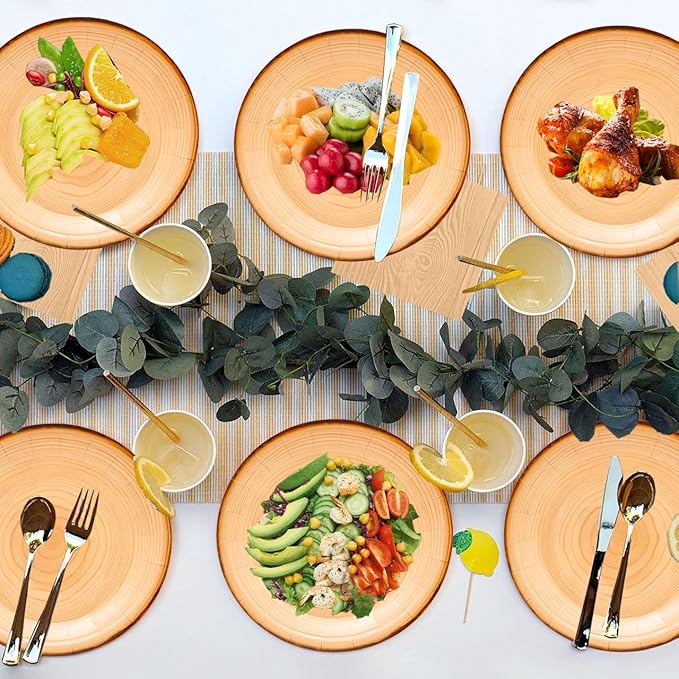 80Pcs Rustic Wood Grain Party Set - 7" Paper Plates, Wood Slice Napkins for Camp Fire, Camping, Baby Shower, Lumberjack Birthday Party Decorations - Serves 40