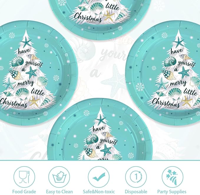 50Pcs Blue Beach Christmas Paper Plates 10" Large Disposable 400 GSM Heavy Duty Plates Xmas Tree Coastal Style Dessert Platters for Merry Christmas Xmas Festive Theme Party Supplies