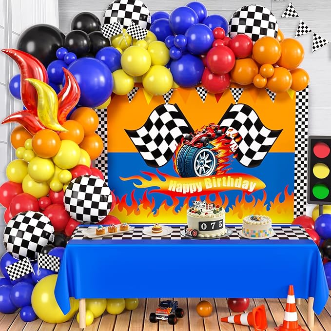131 Wheels Race Car Birthday Party Decorations Supplies, Racing Red Blue Yellow Black Balloons Garland Arch Kit Backdrop Tablecloth Checkered Foil Balloons, Boy Kid Girl Cars Party Decor