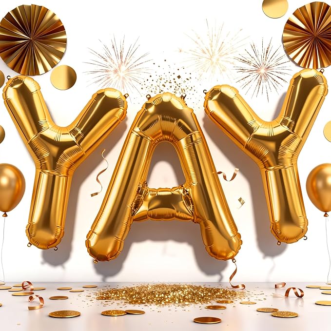 40Inch Gold YAY Balloons, Giant YAY Letter Foil Mylar Balloon Banner, Gold Congratulations Balloons for Congrats Grad Class of 2026 Graduation Birthday Engagement Wedding Baby Shower Party Decorations