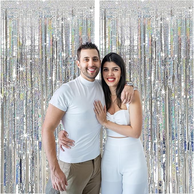 2 Pack Silver Foil Fringe Curtains, 3.3x6.6 Ft Metallic Tinsel Backdrop Party Decorations Door Silver Streamers for Birthday Wedding Engagement Decor,Photo Booth Props, Party Supplies