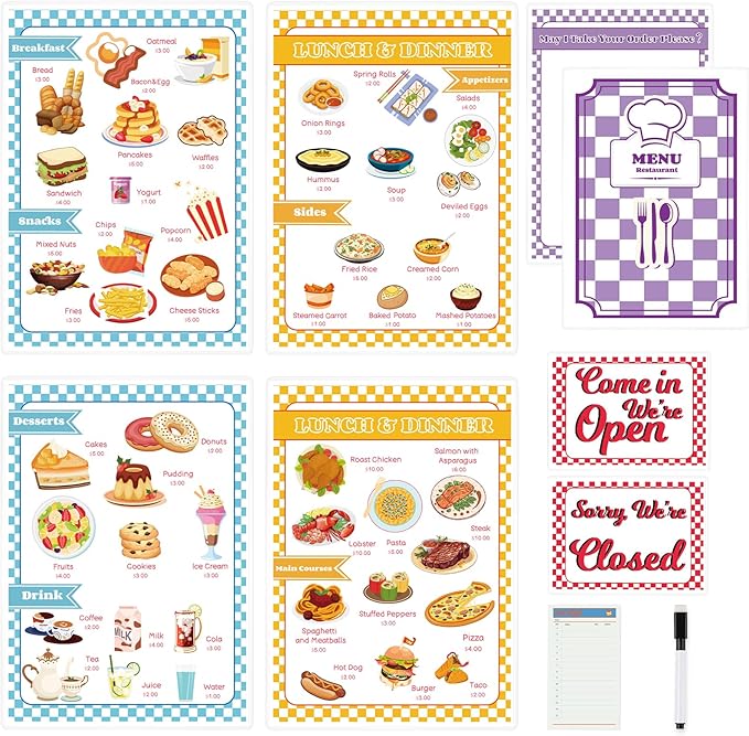 Diner Restaurant Play Set Food Play Kitchen Accessories Restaurant Toy Set 2 Double Sided Restaurant Menu Pen Waiters Order 60Page Receipt Book Pretend Play Set Role Play Accessories Total of 4