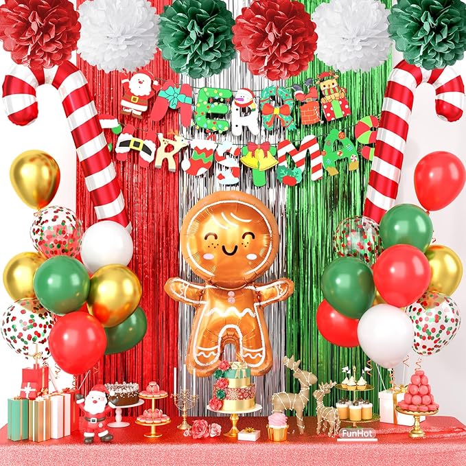 Red Green Christmas Decorations,Merry Christmas Decor Banner Paper Pompoms Fringe Curtain Backdrop Xmas Foil Balloons Latex Balloon for Indoor Outdoor Decorations