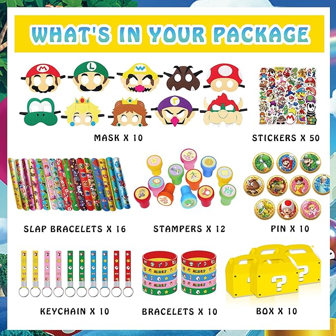 127 PCS Birthday Party Favor Supplies, Birthday Party Decorations Set Includes 50 Stickers, 15 Slap Bracelets, 10 Bracelets, 10 Button Pins, 10 Key chains, 10 Box, 10 Mask, 12 Stamp