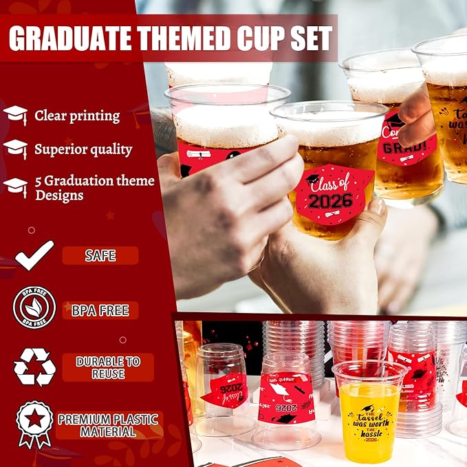GuassLee Black and Red Graduation Decorations 2026 Party Cups - 50pcs 12 Oz Black Red White Disposable Graduation Plastic Cups for Drinks Class of 2026 Grad Party Favors Supplies