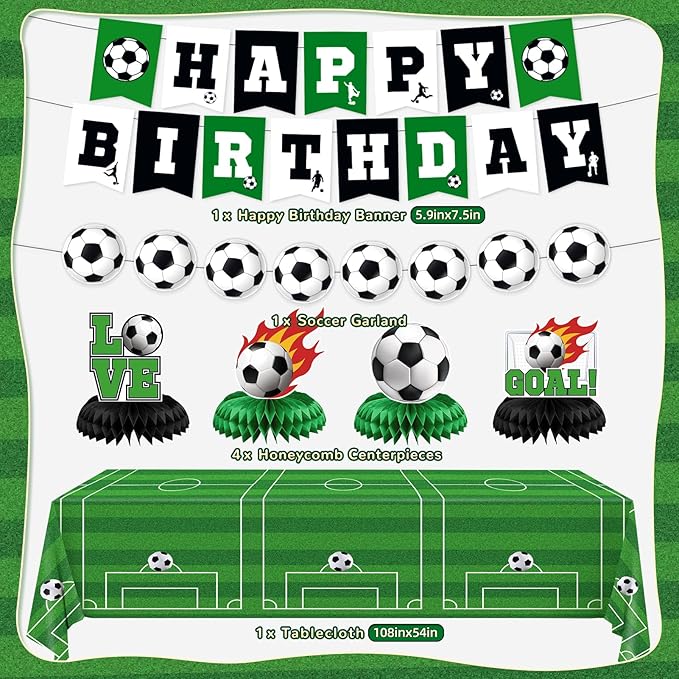 Soccer Birthday Party Decorations, 44Pcs Soccer Party Decorations Included Foil & Latex Balloons Happy Birthday Backdrop Tablecloth Cake Toppers Honeycomb Centerpieces for Boys’ Soccer Party Supplies