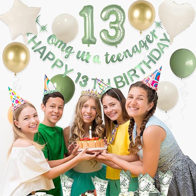 Sage Green Omg Ur A Teenager Happy 13th Birthday Banner Garland Foil Balloon 13 for 13 Birthday Decorations Official Teenager 13th Birthday Decor for Teen Girls 13 Years Old Birthday Party Supplies