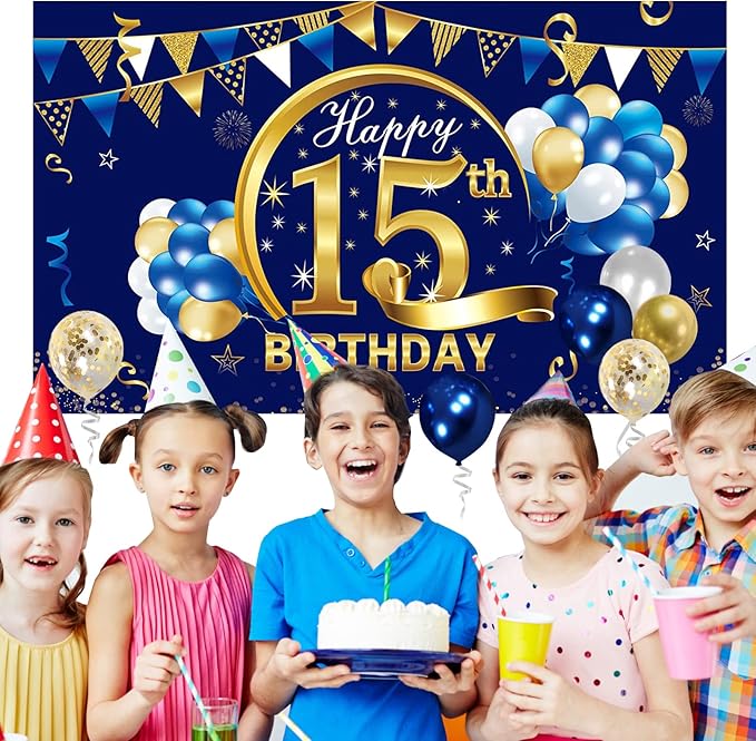 Blue Gold 15th Birthday Banner with Confetti Balloon Arch, Happy Fifteen Banner Balloons Set Party Supplies for Boys, 15 Year Old Birthday Poster